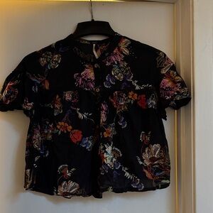 Free People Black Multicolor Floral Blouse